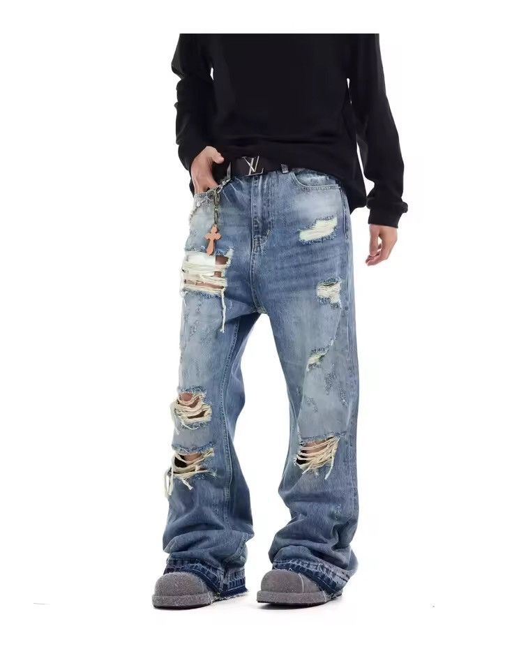 Japanese Brand Streetwear Straight Distressed Blue Y2k Holes Jeans Swag Size US 28 / EU 44 - 4 Thumbnail