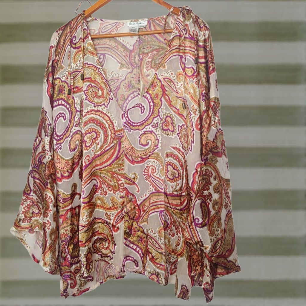 Vintage VINTAGE Ulla Popken Blouse Plus Size 20/22 Blouse Brown Paisley Bell Sleeve Rayon Silk Boho Bohemia Eccentric Womens Size 3XL / US 20-22 - 1 Thumbnail