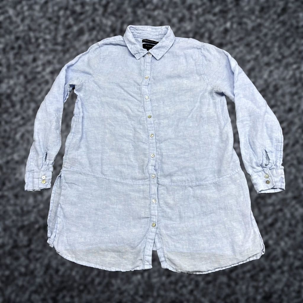 Vintage Tahari Womens L Blue Linen Button Front Tunic Shirt Roll Tab Sleeve Size L / US 10 / IT 46 - 1 Thumbnail