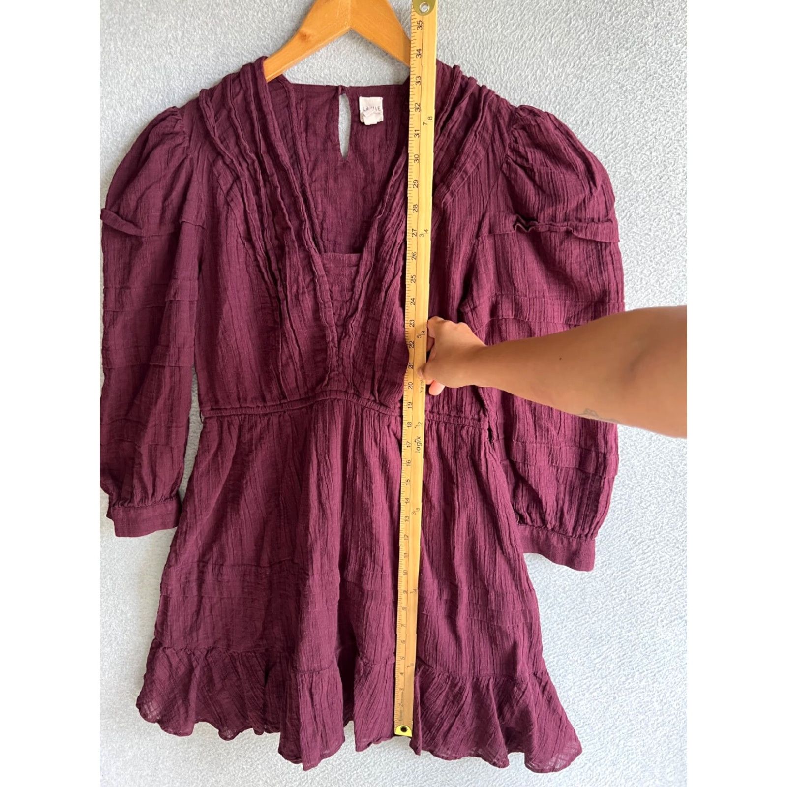 Rebecca Taylor A-Line Dress Womens S Burgundy Boho Puff Sleeve Short Casual