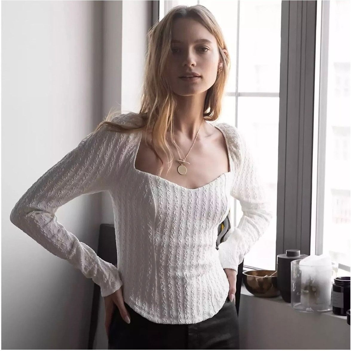 Free People NWT FREE PEOPLE Brittany White Ribbed Puff Sleeve Top Large Size L / US 10 / IT 46 - 5 Thumbnail