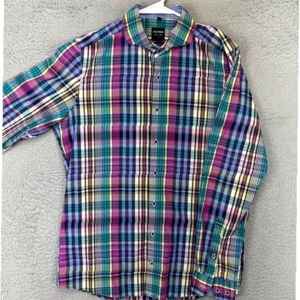 Vintage Olymp Level Five Dress Shirt Mens 15.3-4 40 Multi Plaid Body Fit Button Up Size 42R - 2 Thumbnail