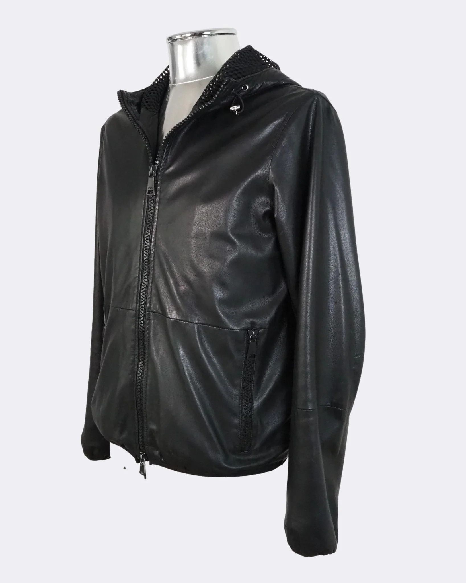 Emporio Armani Emporio Armani Black Hooded Zip-Front Leather Jacket $1125 Size US M / EU 48-50 / 2 - 8 Thumbnail