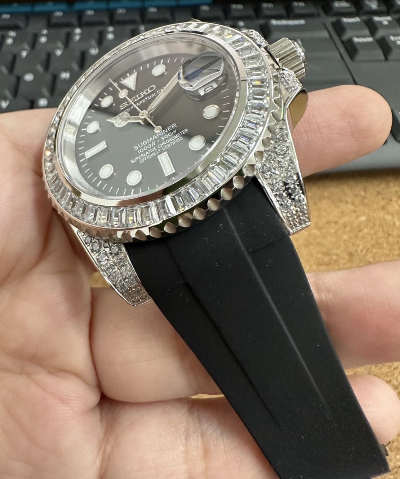 Japanese Brand Seiko Mod Submariner Black Iced Out Automatic Watch 41mm Size ONE SIZE - 2 Thumbnail
