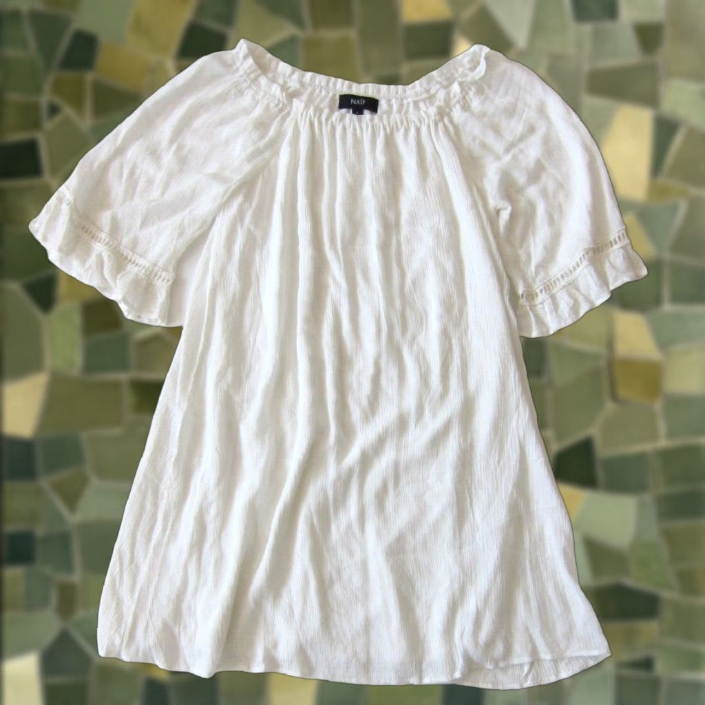 Vintage NWT NAIF 100% Rayon White Scoop Neck Short Sleeve Shift Tunic Dress Large Size 36" / US 14 / IT 50 - 1 Thumbnail