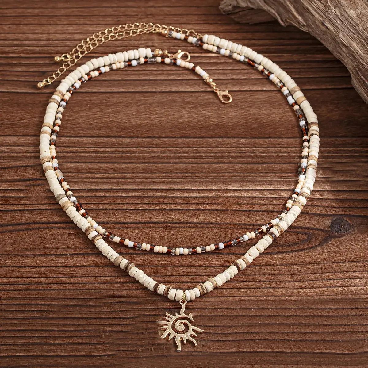 Vintage Coconut Shell Wood Beads Sunflower Necklace Size ONE SIZE - 4 Thumbnail