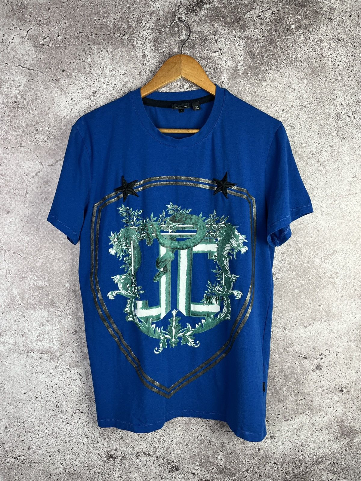 Just Cavalli Blue Snake Crest T-Shirt Graphic Stretch Cotton Designer Y2K Size US L / EU 52-54 / 3 - 1 Thumbnail