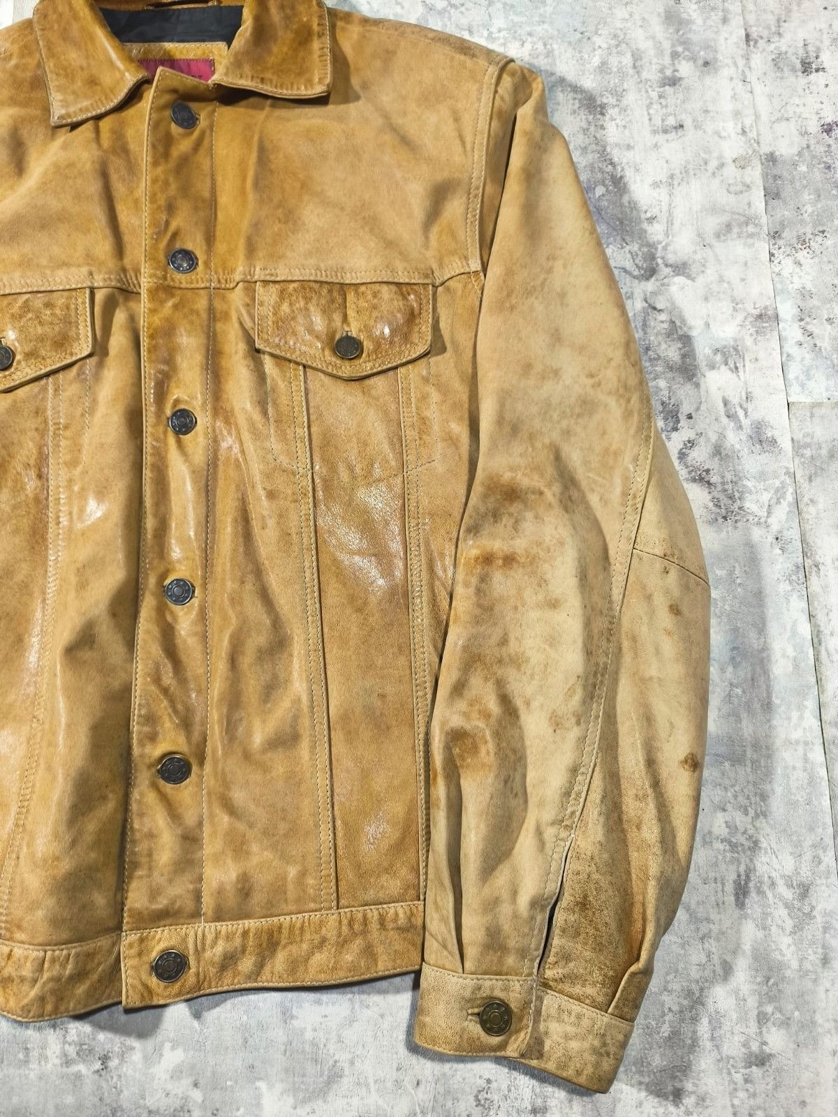 Leather Vtg Faded Distressed Leather Trucker Jacket Vintage 90s Size US L / EU 52-54 / 3 - 2 Thumbnail