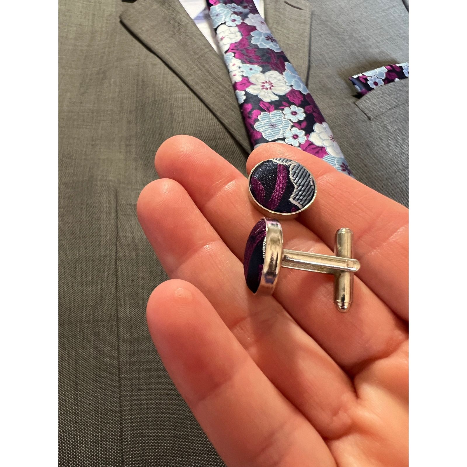Other Tie Set Navy Blue Fuchsia Floral Tie Pocket Square Cufflinks Size ONE SIZE - 3 Thumbnail