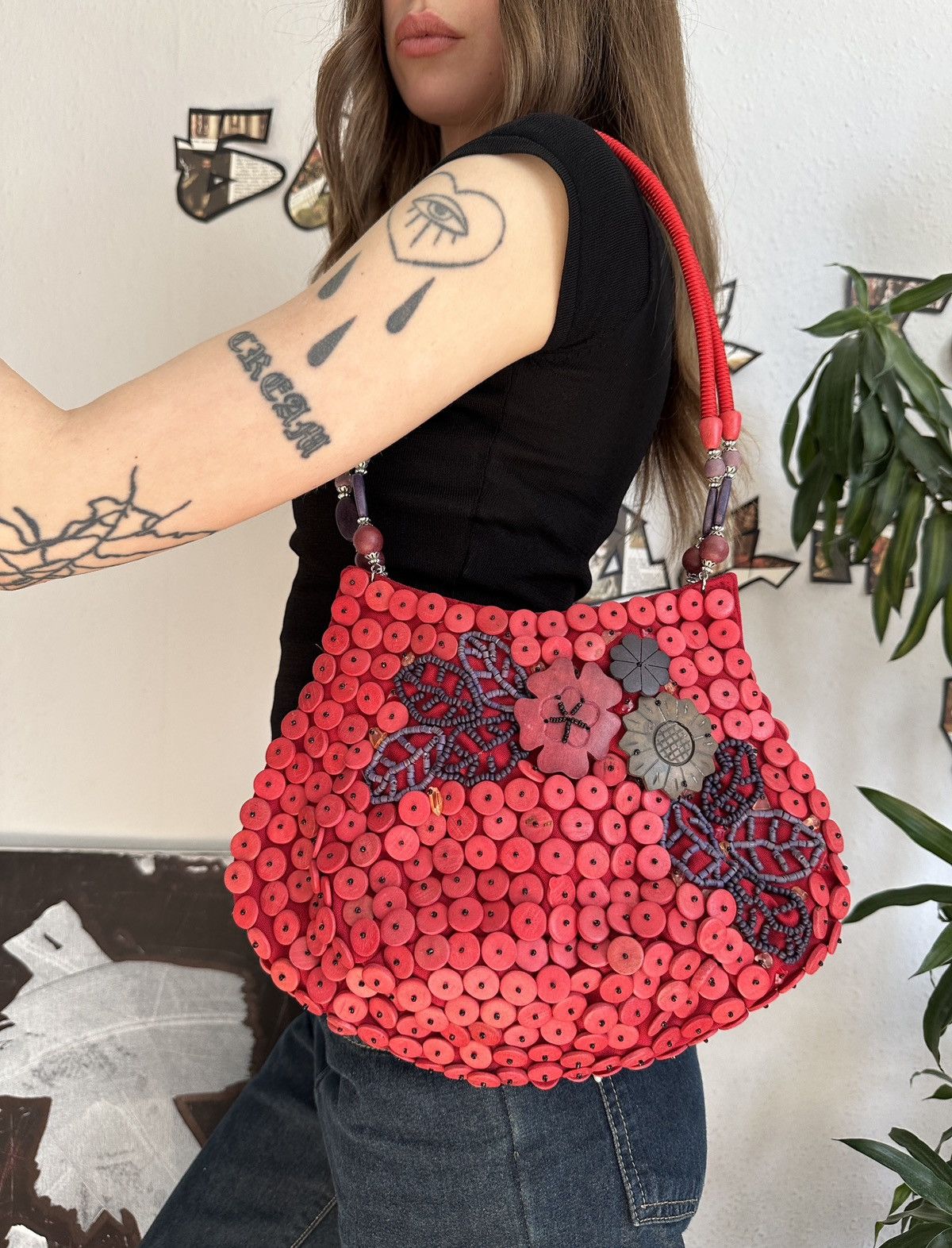 Designer × Vintage Vintage Wood Beaded Boho Fairy Purse Floral Bag Size ONE SIZE - 5 Thumbnail