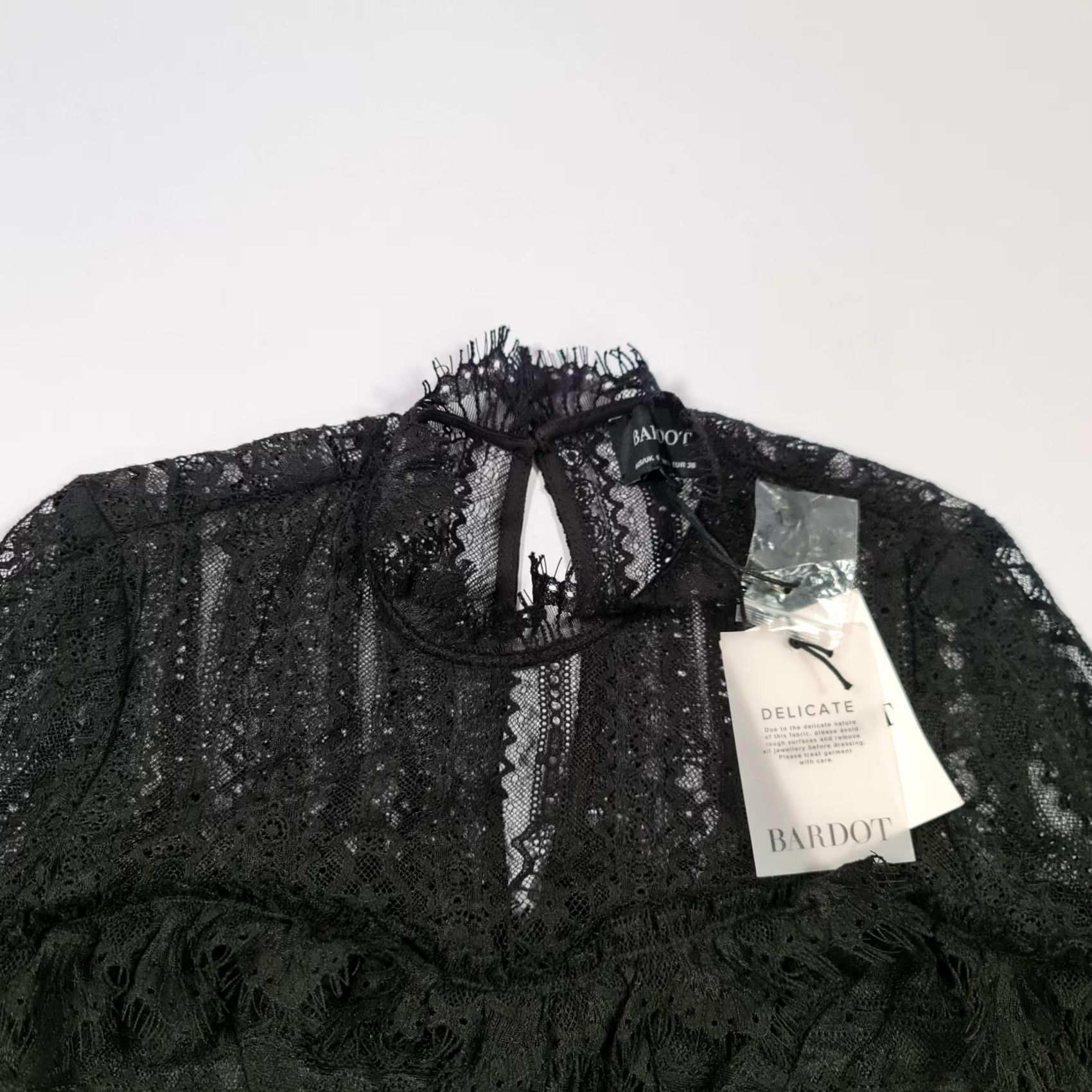 Vintage Bardot Dress Black 8 UK Long Sleeve Lace Mock Neck Short Length Party/Cocktail Womens Dress Short Lace Bardot Black 8 UK Size M / US 6-8 / IT 42-44 - 2 Thumbnail