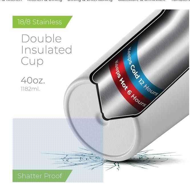NBDN Nobrandedon Insulated Tumbler With Lid And Straw, 40oz. Handle Cold 12hr Size ONE SIZE - 3 Thumbnail