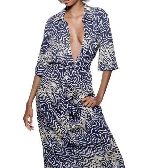 Zara Navy & Ivory Belted Dress
