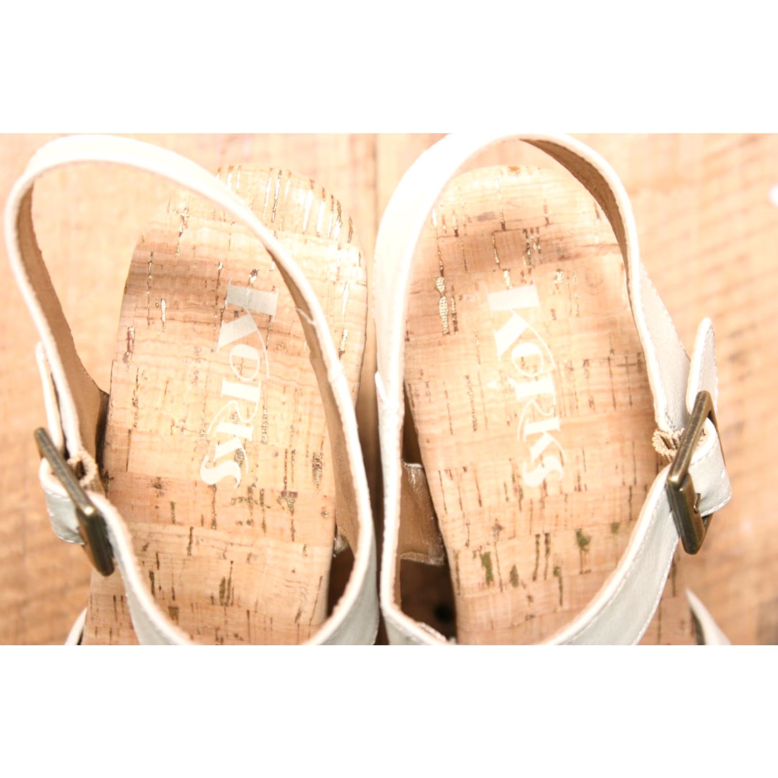Vintage KORK-EASE Dawson Ivory Leather Platform Sandals Wedge 4.5" Wood Heel Sz. 9M Womens Size US 9 / IT 39 - 6 Thumbnail