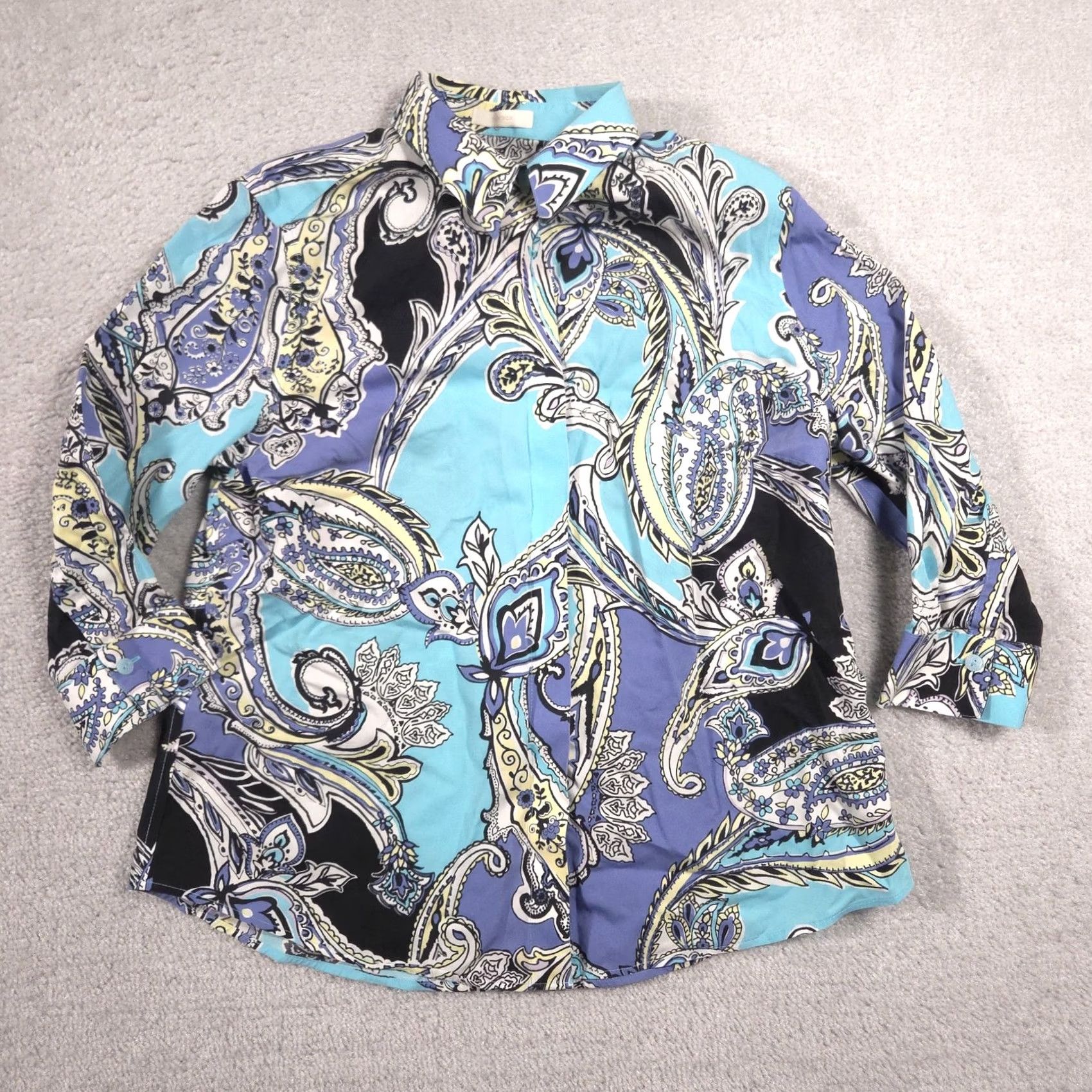 Vintage Chico's Shirt Womens Petite 0P Blue Paisley No Iron Button Front 3/4 Sleeve Top Size XS / US 0-2 / IT 36-38 - 2 Thumbnail