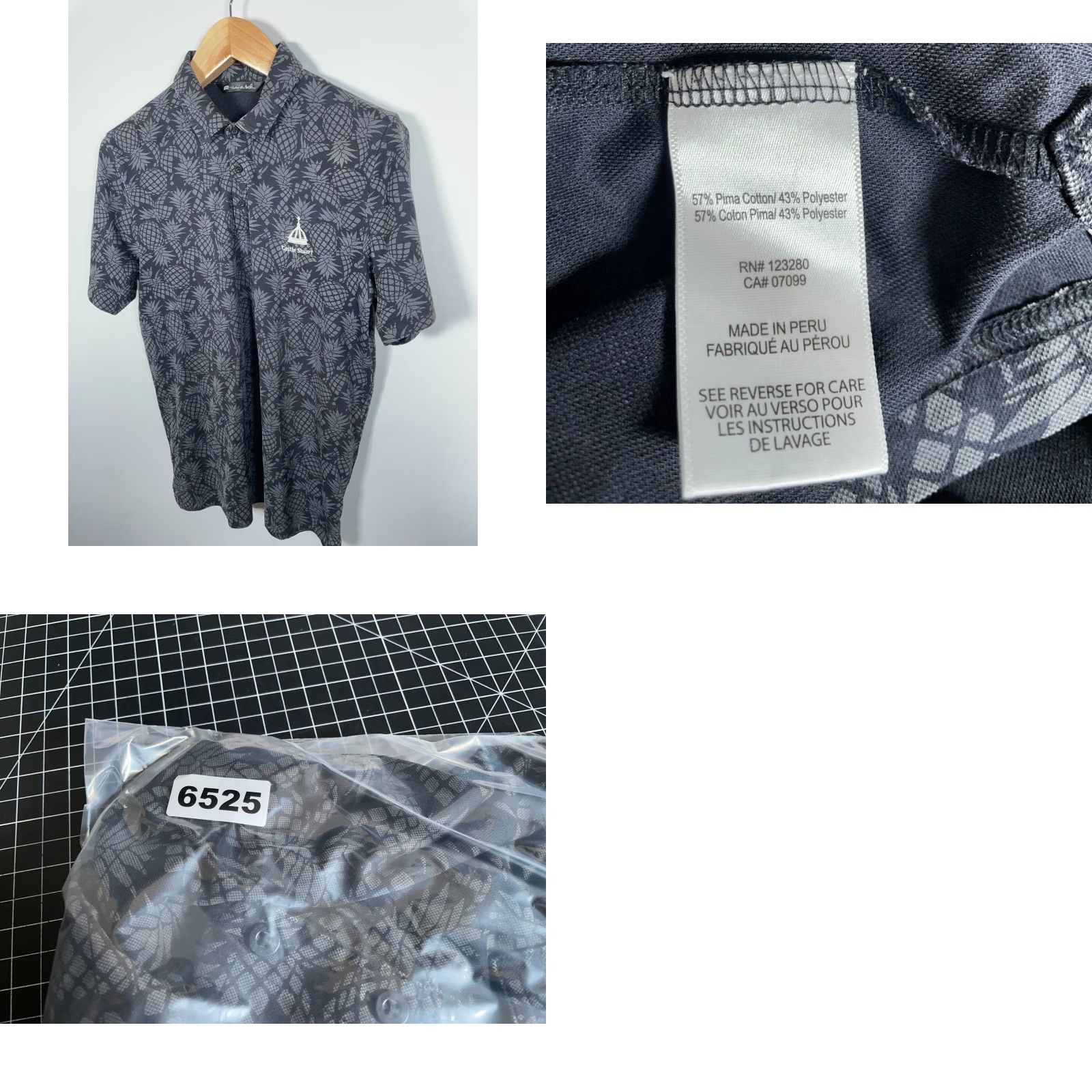 TravisMathew Travis Mathew Polo Shirt Men's Large Black Gray Pineapple Print Cotton Blend Polo Shirt Mens Large Black Pineapple Print Cotton Blend Size US L / EU 52-54 / 3 - 8 Thumbnail