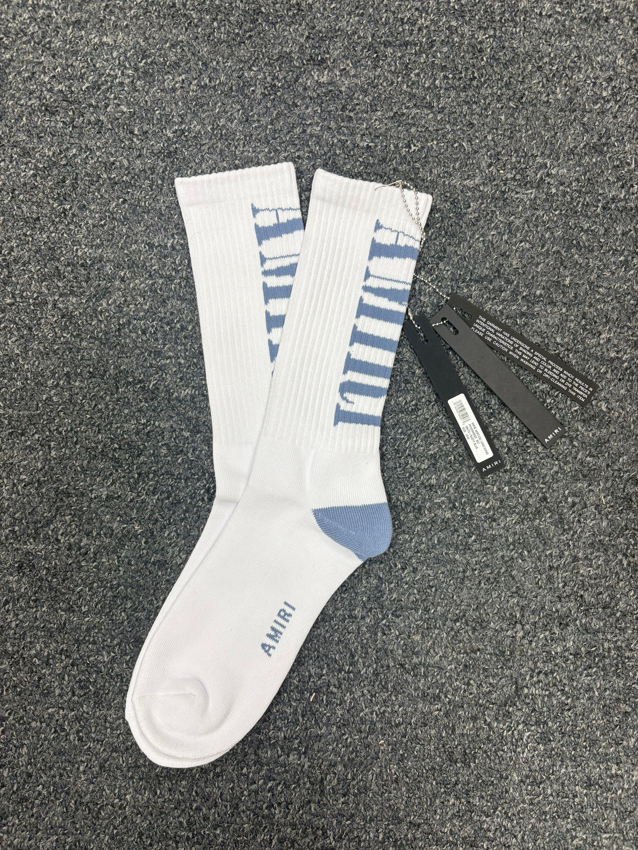 Amiri Amiri Vertical Logo Socks in White/Dusty Blue Size 46 - 2 Thumbnail
