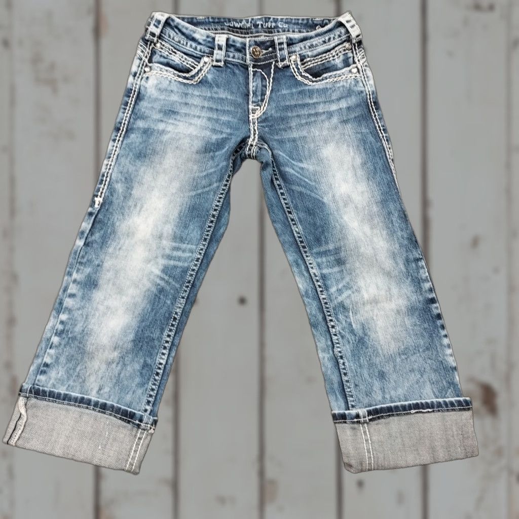CO Cowgirl Tuff CO Capris Womens Size 26 Distressed Embroidered Low Rise Denim Size ONE SIZE - 1 Thumbnail