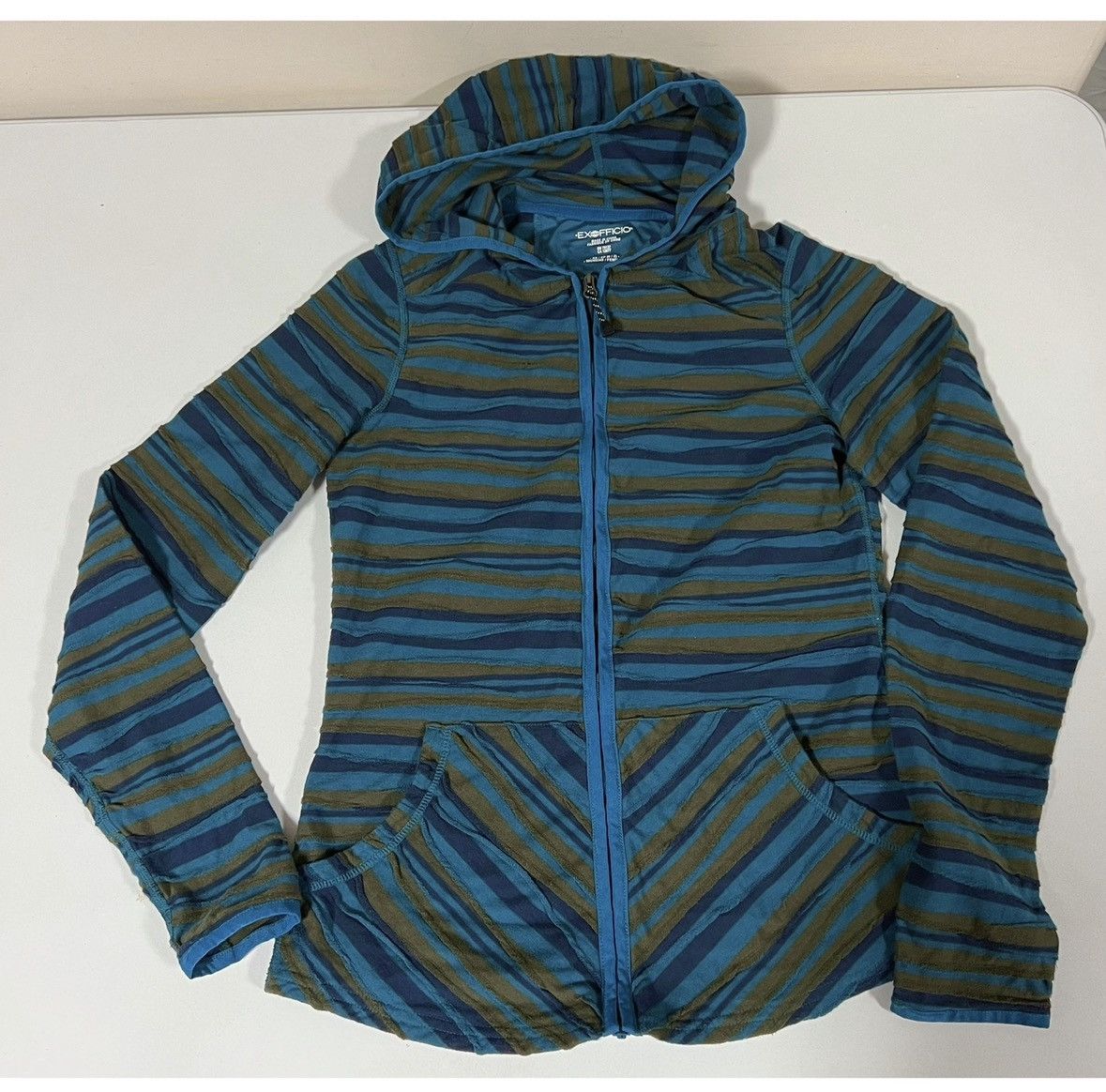 ExOfficio Olive Green Navy Blue Striped Sweater Sweatshirt Hoodie XS🫒✨ Size XS / US 0-2 / IT 36-38 - 2 Thumbnail