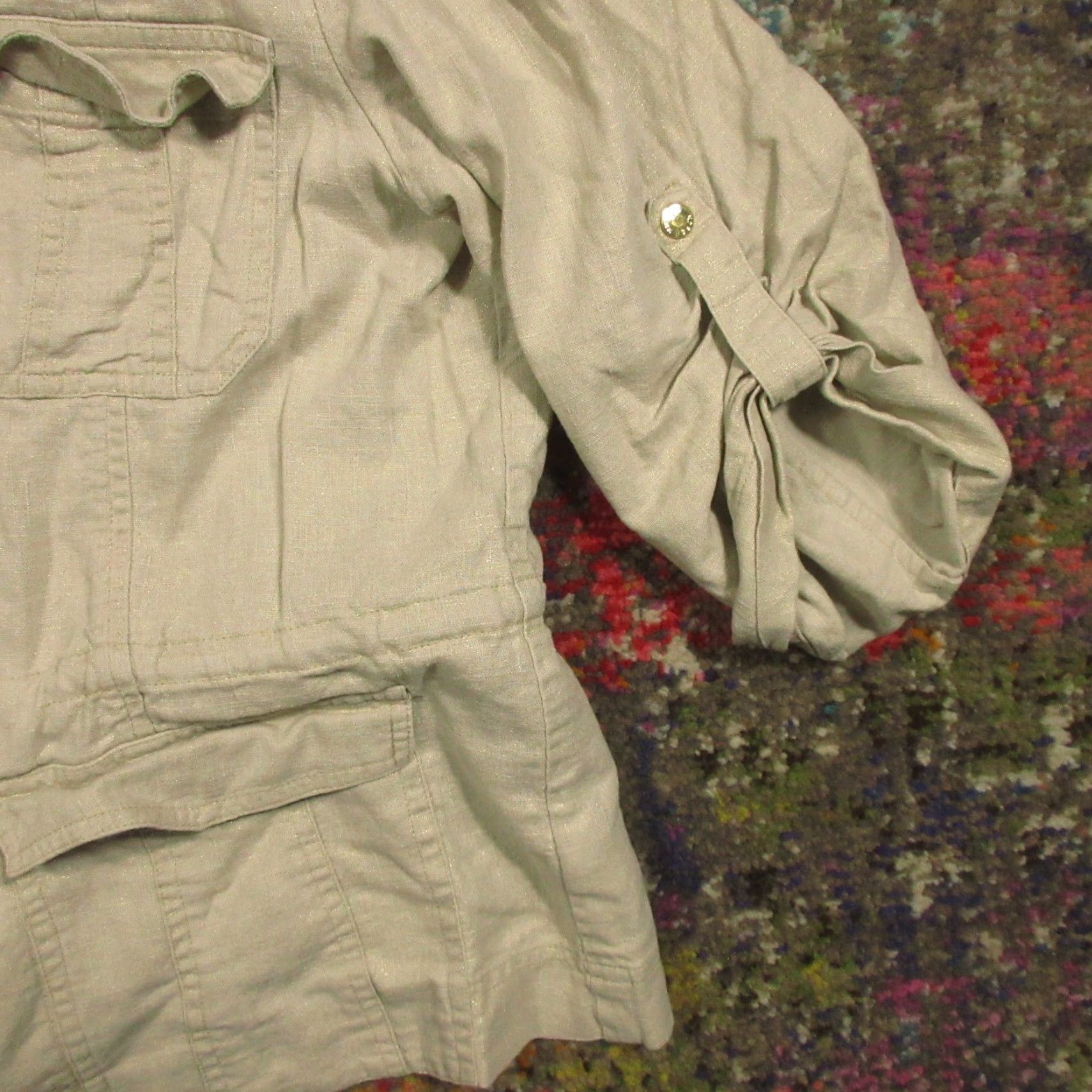 Michael Kors Michael Kors Linen Jacket Womens 14 Casual 3/4 Sleeve Ruffle Neck Khaki White Solid Knit Mid-Length Jacket Women Size 14 Mens? Size XL / US 12-14 / IT 48-50 - 4 Thumbnail