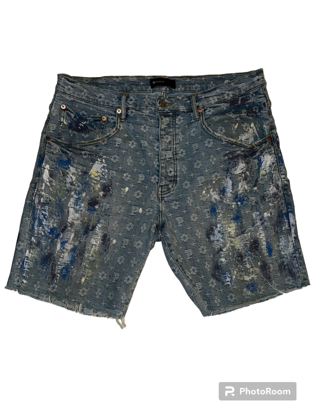 image of Paint Over Monogram Denim Short, Men's (Size 38)
