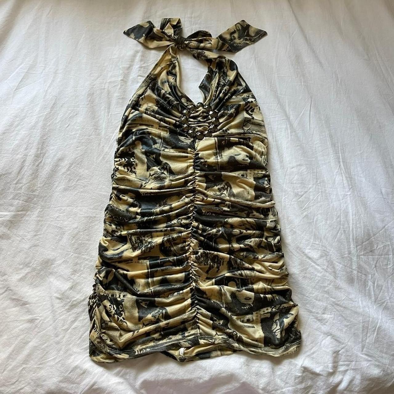 Vintage Y2K printed & ruched halter neck bodycon mini dress Size L / US 10 / IT 46 - 4 Thumbnail
