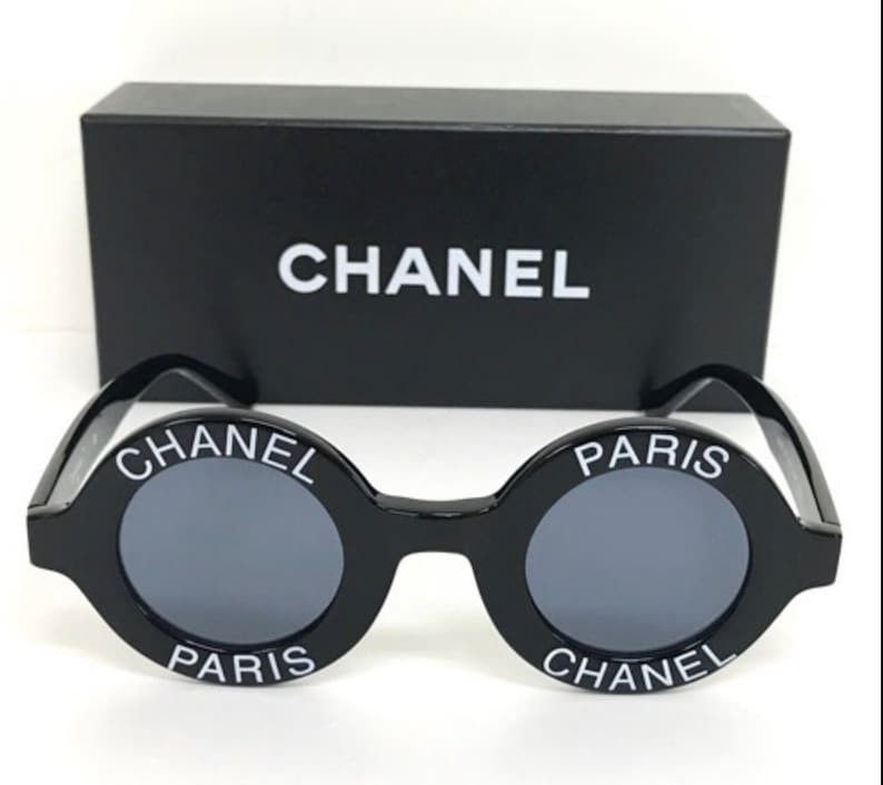 image of Chanel Vintage Black Round Frame Mod Sunglasses With White Paris Logo, Women's