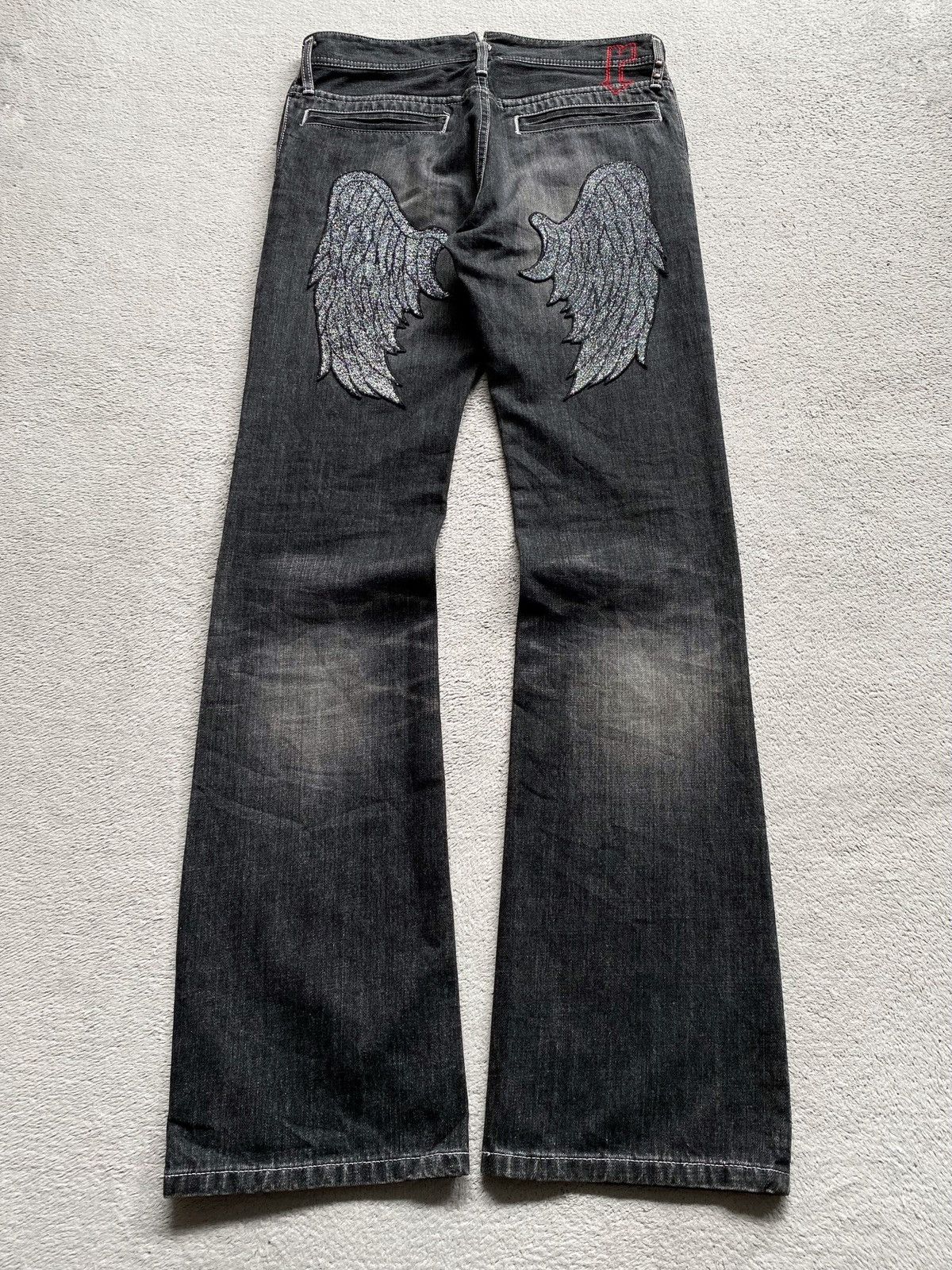If Six Was Nine 💥Sick💥 Roen Wing Denim Flare Jeans Size US 31 - 3 Thumbnail