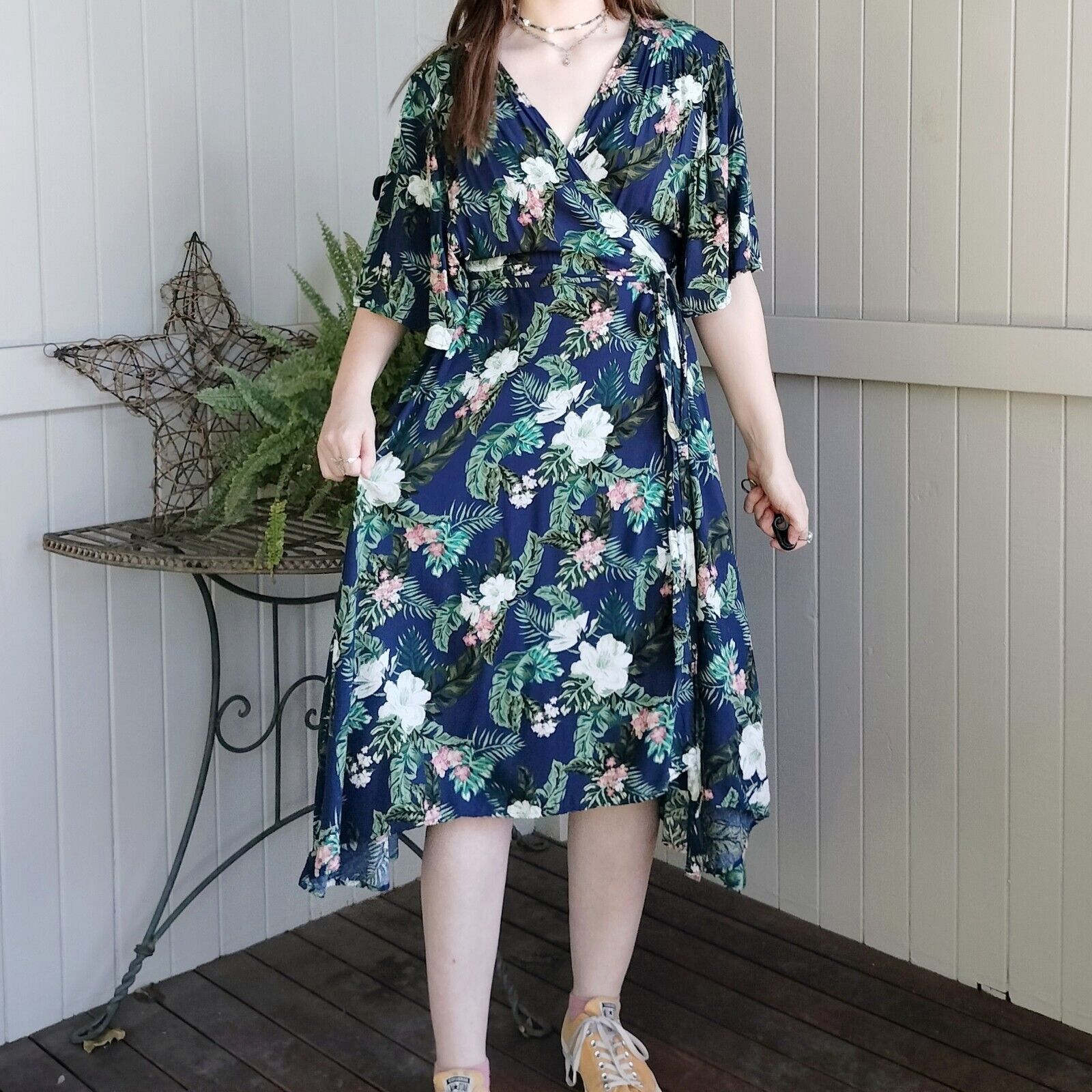 Designer Ivory Dress Floral Wrap Midi Bell Sleeve Ruffle Cocktail Size L / US 10 / IT 46 - 1 Thumbnail