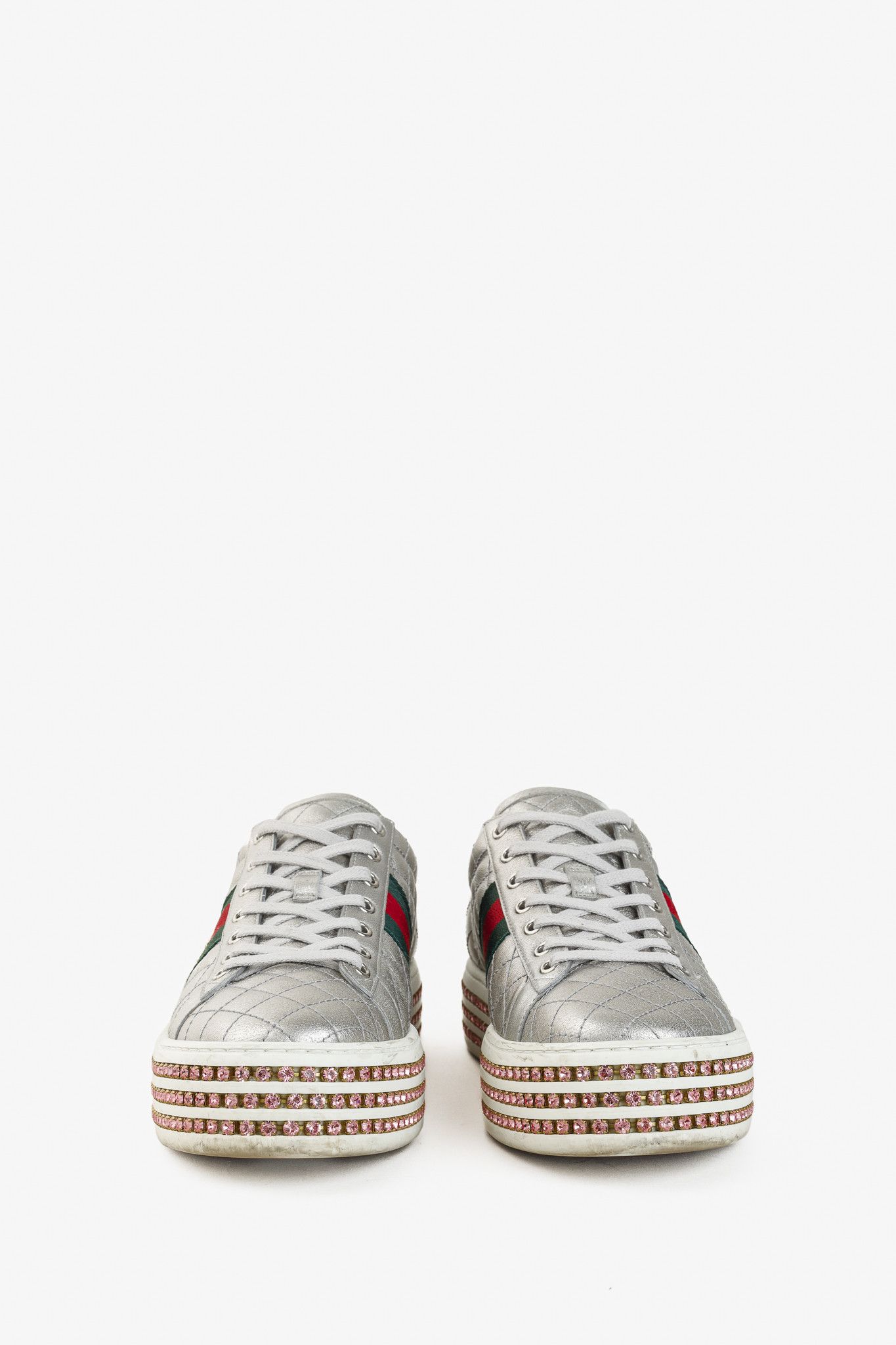 Gucci Gucci Ace Silver Quilted-Leather Crystal-Platform Sneakers Size US 9.5 / IT 39.5 - 2 Thumbnail