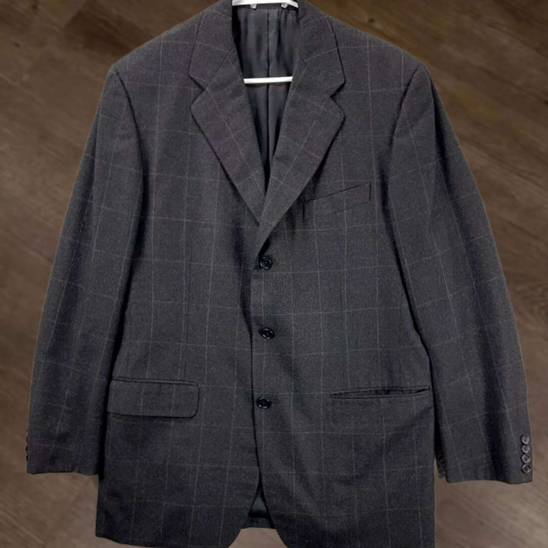 Faconnable Faconnable Blazer Mens 42 US 52 Tailleur Charcoal Grey Window Pane Check Wool Sport Coat Regular Long Sleeve 3 Button Notch Lapel Men Size 42R - 1 Thumbnail