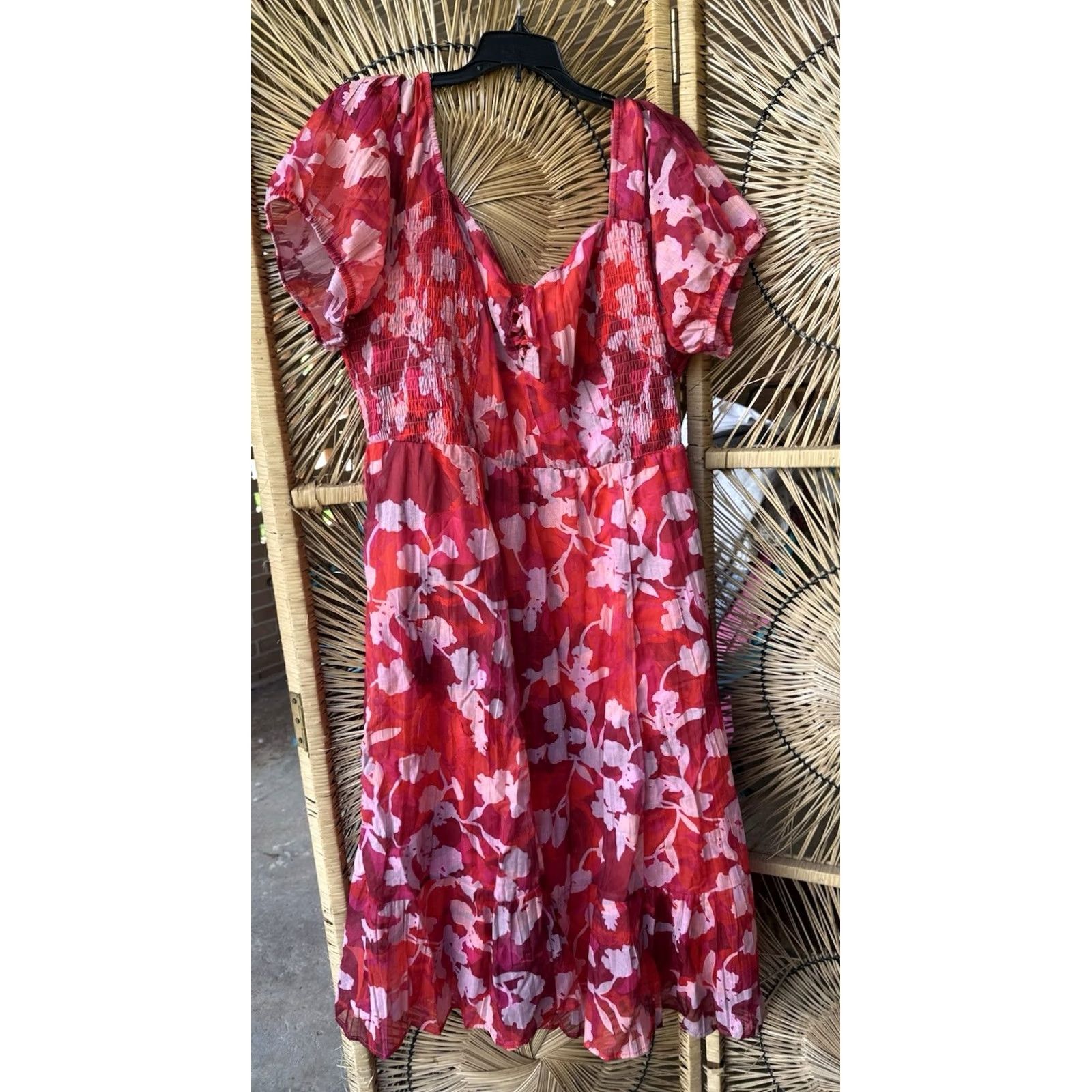 Torrid Torrid Dress Midi Cotton Smocked Lace Up Floral Shady Rose 2XL Womens Red Size XXL / US 16-18 / IT 52-54 - 4 Thumbnail