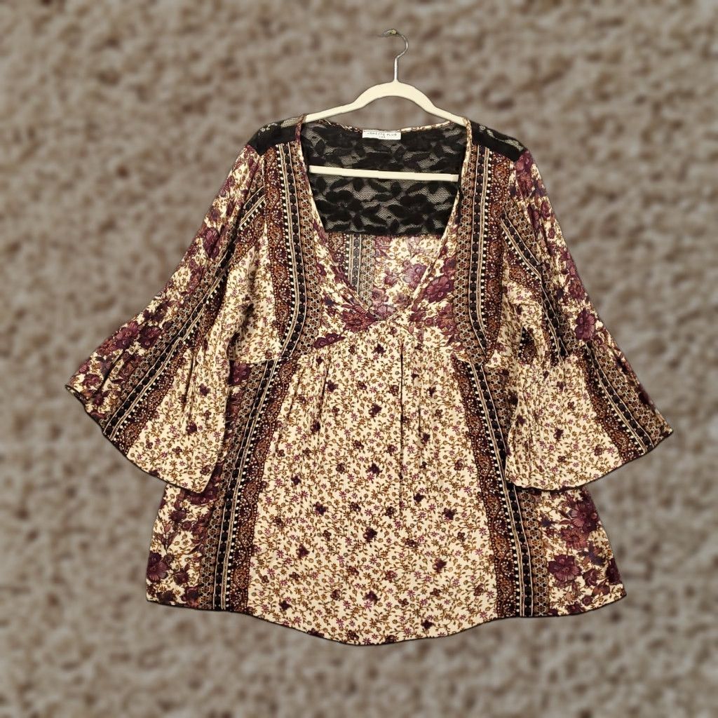 Bell Figueroa & Flower Blouse Womens L Boho Floral Lightweight Bell Sleeve V-Neck Pullover Size L / US 10 / IT 46 - 1 Thumbnail