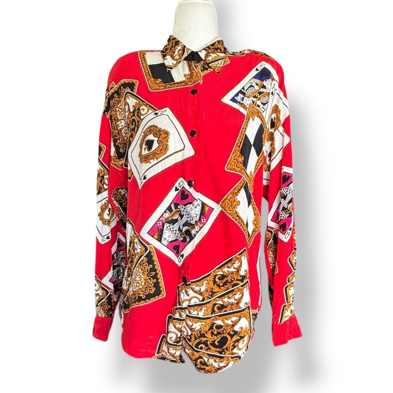 Vintage Vintage 90s Ellen Tracy Red Silk Shirt Playing Card Print Size S / US 4 / IT 40 - 8 Thumbnail