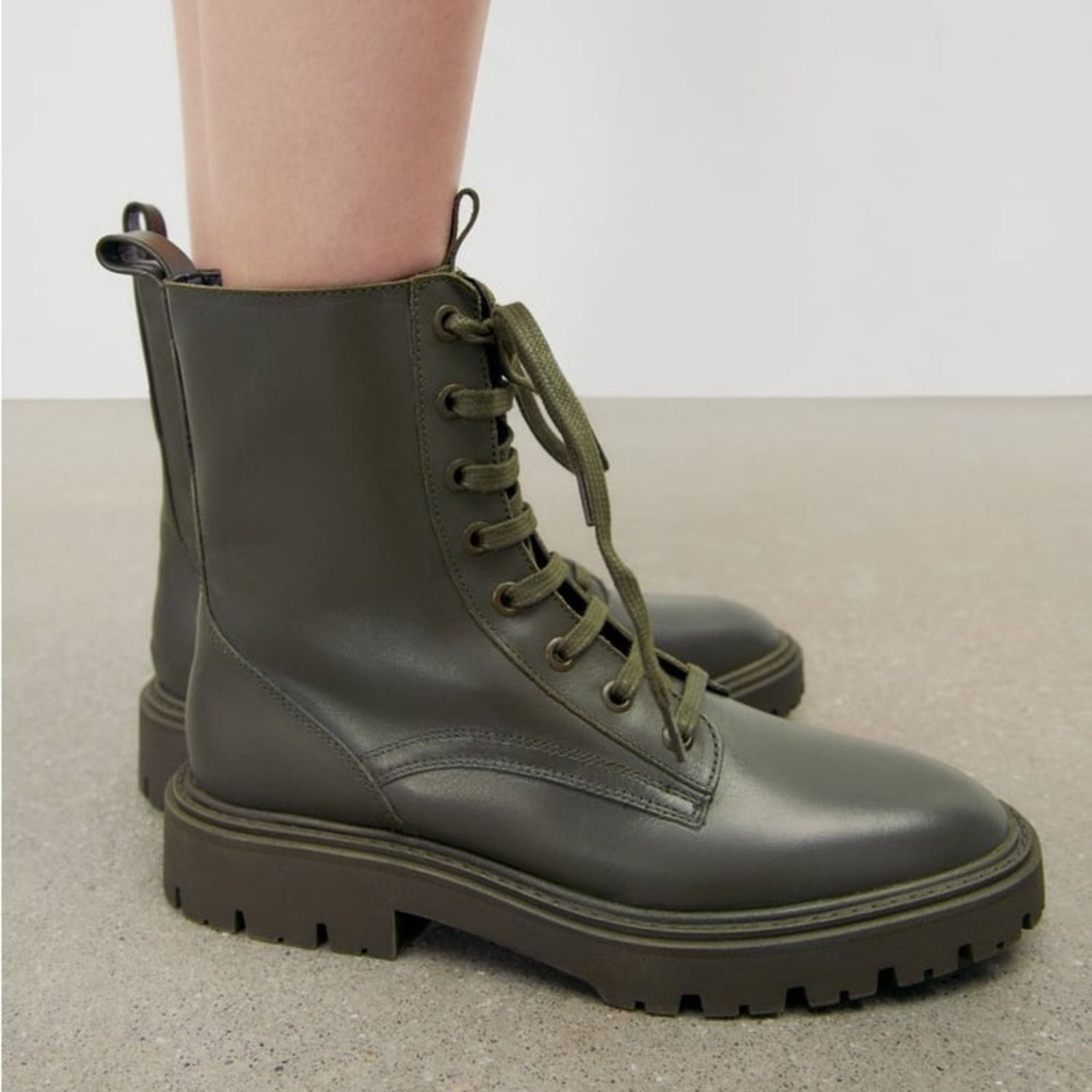 Zara ZARA LOW HEEL LACED LEATHER ANKLE BOOTS KHAKI GREEN Size US 6.5 / IT 36.5 - 1 Thumbnail
