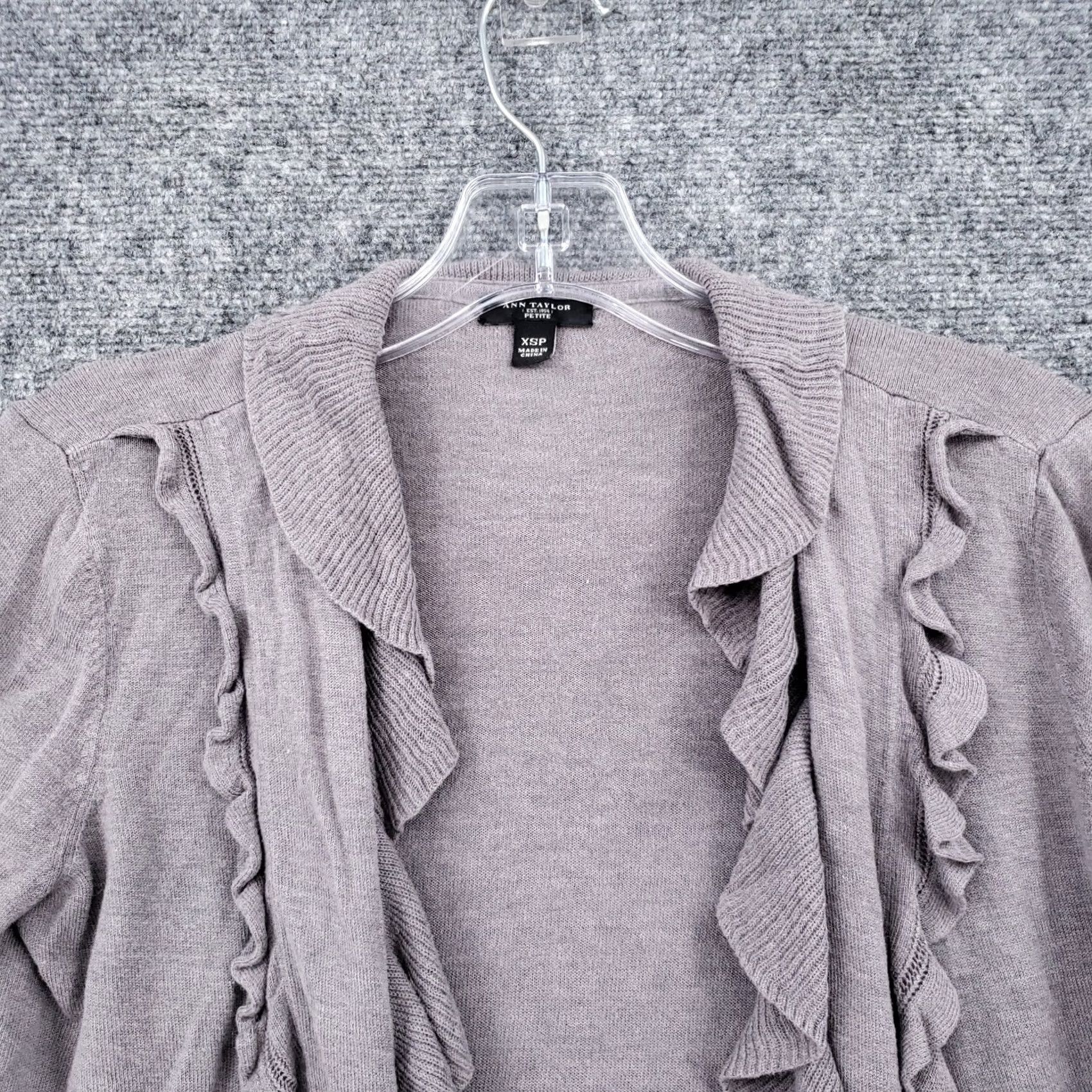 Loft LOFT Ann Taylor Cardigan Sweater Gray XSP Long Sleeve Open Front Ruffle Petite Women's Knit Size XS / US 0-2 / IT 36-38 - 2 Thumbnail
