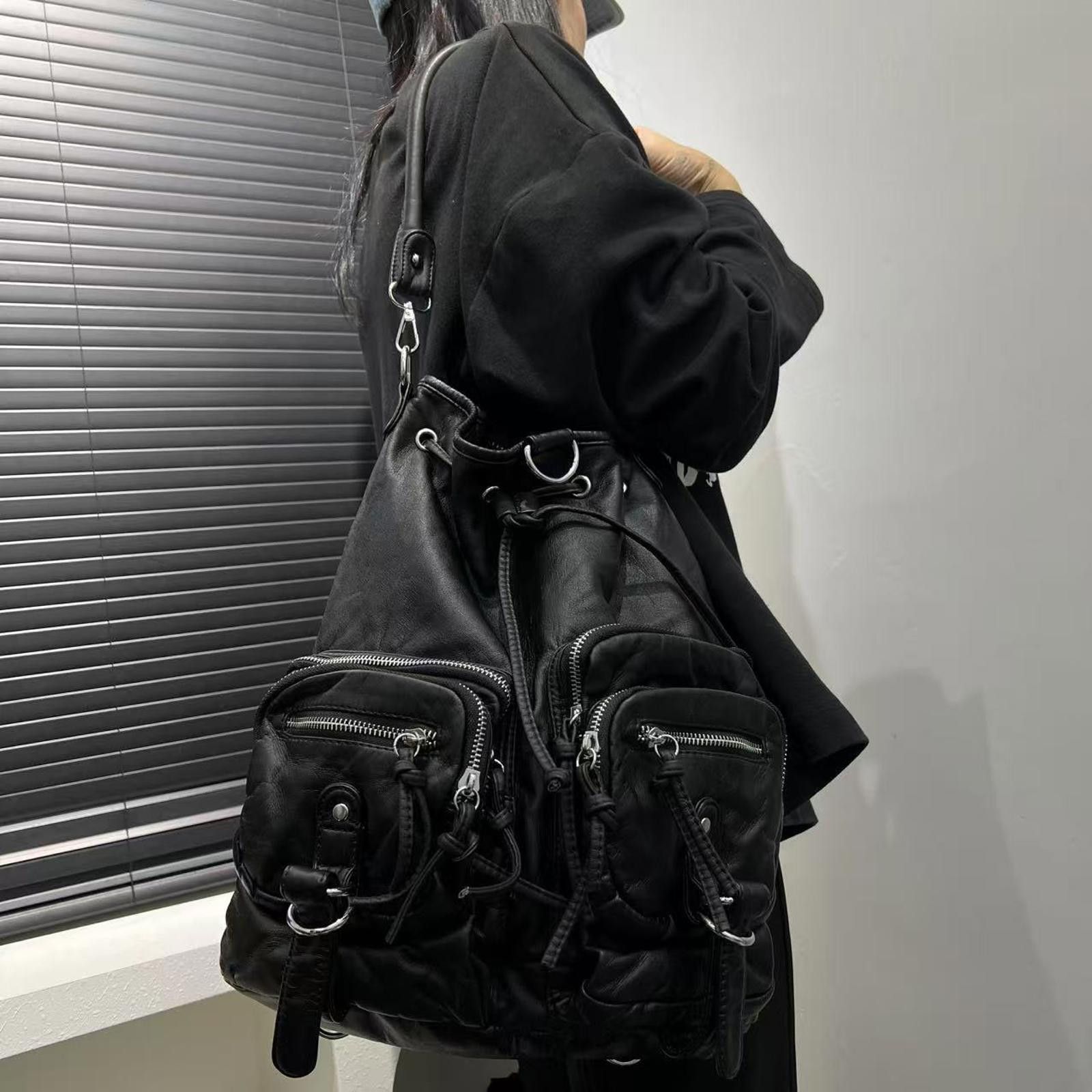 Leather Black Multi-Pocket Drawstring Leather Bag Size ONE SIZE - 2 Thumbnail