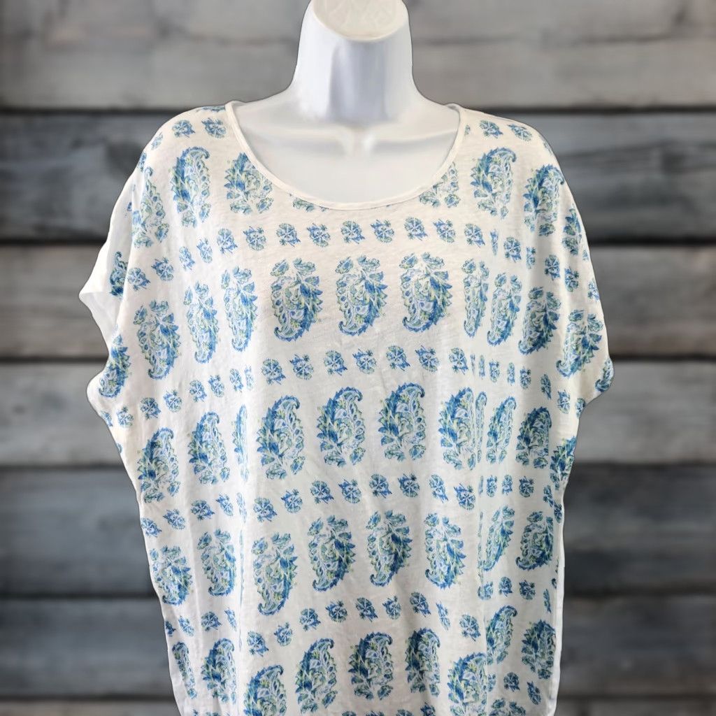 J. Jill J Jill Love Linen Womens Top Sz Large White Blue Paisley Short Sleeve Blouse Size L / US 10 / IT 46 - 1 Thumbnail