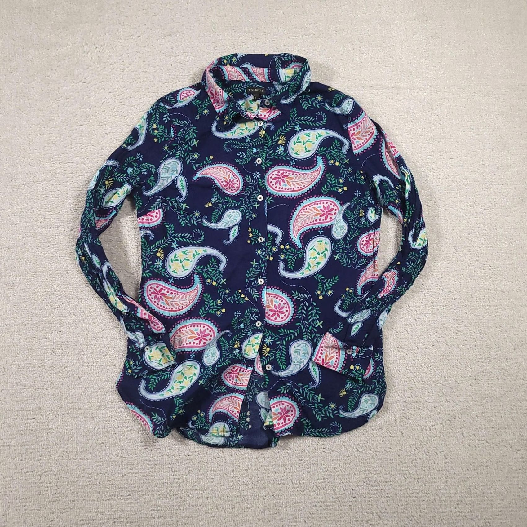 Talbots Talbots Shirt Womens Small Navy Paisley Button Front Long Sleeve Cotton Top Size S / US 4 / IT 40 - 2 Thumbnail