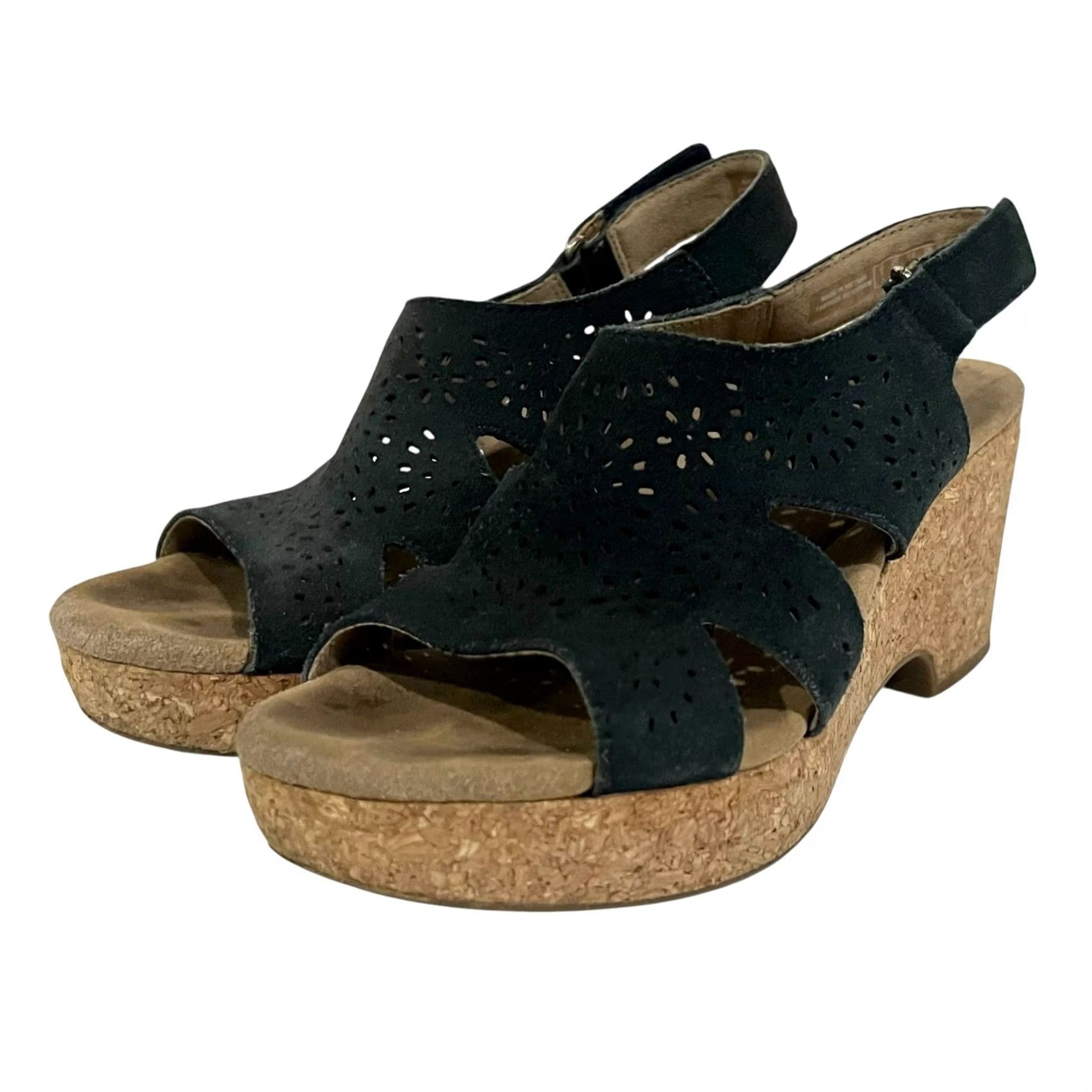 Clarks VINTAGE CLARKS Giselle Bay Sandals Women’s Slingsback Cork Wedge Black US 7.5 M Size US 8 / IT 38 - 5 Thumbnail
