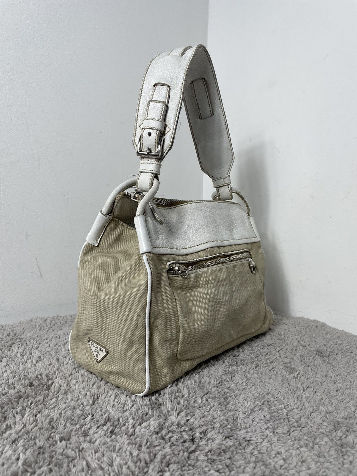 Prada Very Rare Prada Leather CANVAS SHOULDER BAG BEIGE Size ONE SIZE - 2 Thumbnail