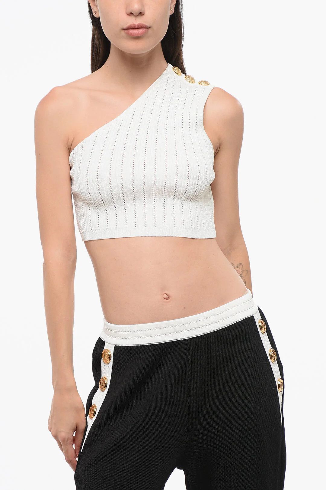 Balmain og1mm0326 Ribbed One-Shoulder Cropped Top in White Size M / US 6-8 / IT 42-44 - 1 Thumbnail