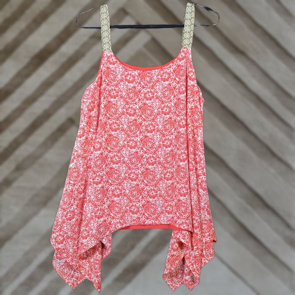 Vintage Cato Womens Blouse Pink White Floral Tank Top Asymmetrical Stretch Large Sleeveless Round Neck Summer Casual Workwear Size L / US 10 / IT 46 - 1 Thumbnail
