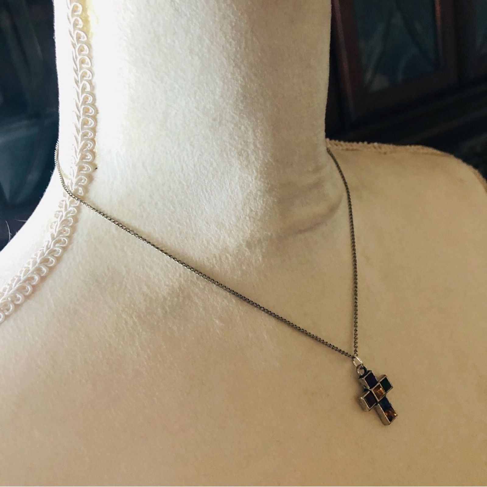 Vintage Vintage multi tone square shape gem cross on chain necklace Size ONE SIZE - 3 Thumbnail