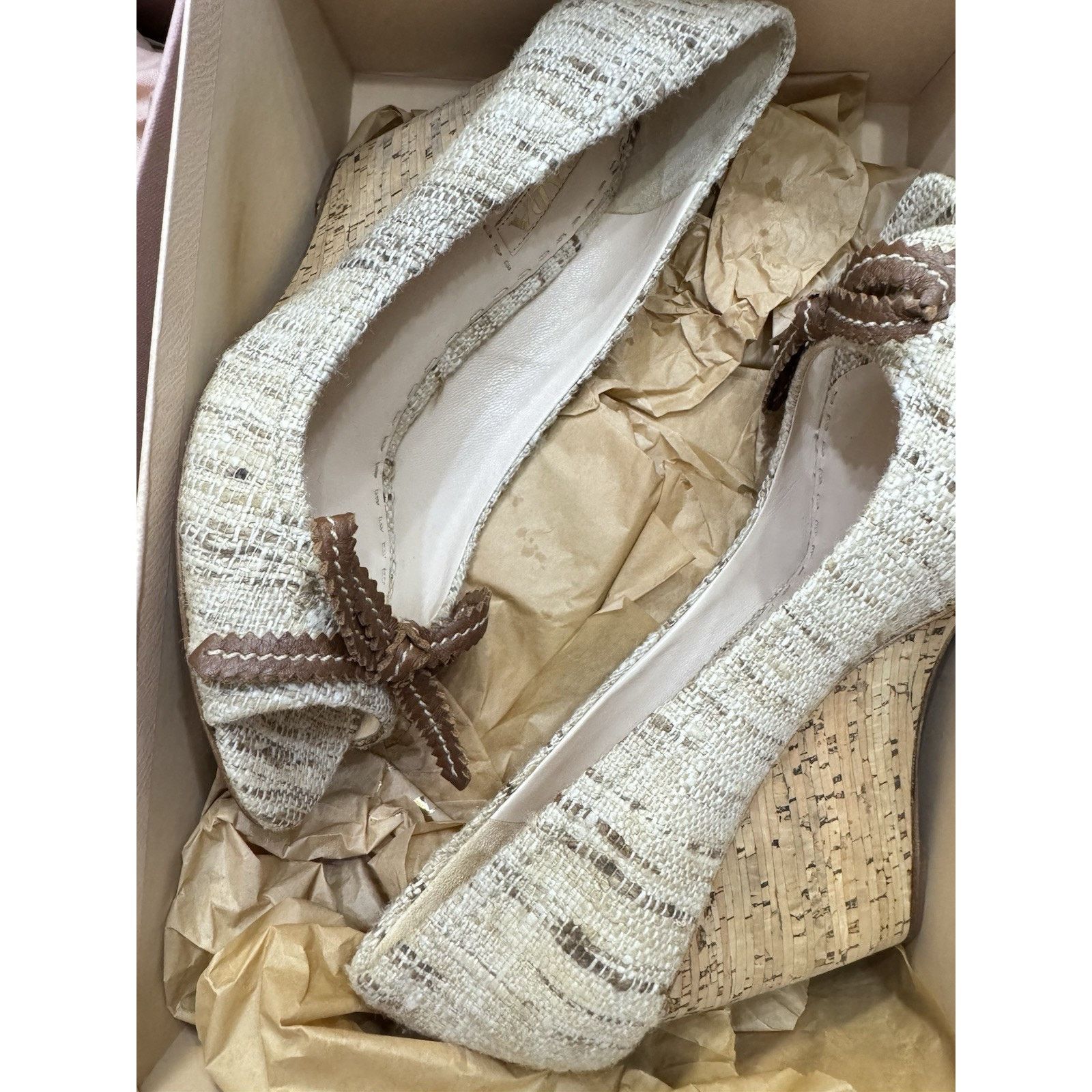 Prada PRADA TWEED BEIGE BROWN CORK WEDGE PEEP TOE SHOES 39 Size US 9 / IT 39 - 9 Thumbnail