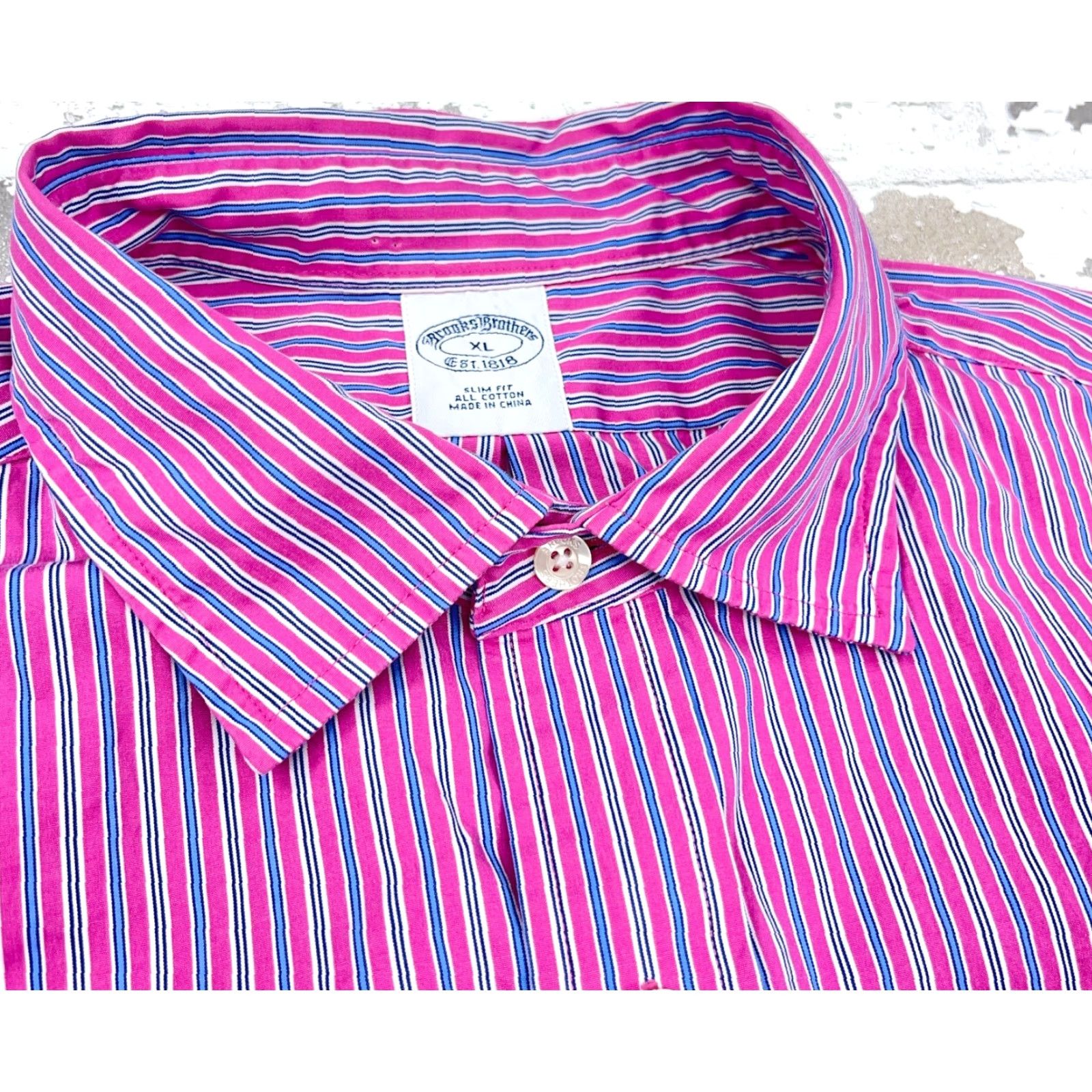 Brooks Brothers Brooks Brothers Shirt Men XL Pink Blue Striped Slim Fit Button-Up Dress Poplin Size 46R - 3 Thumbnail