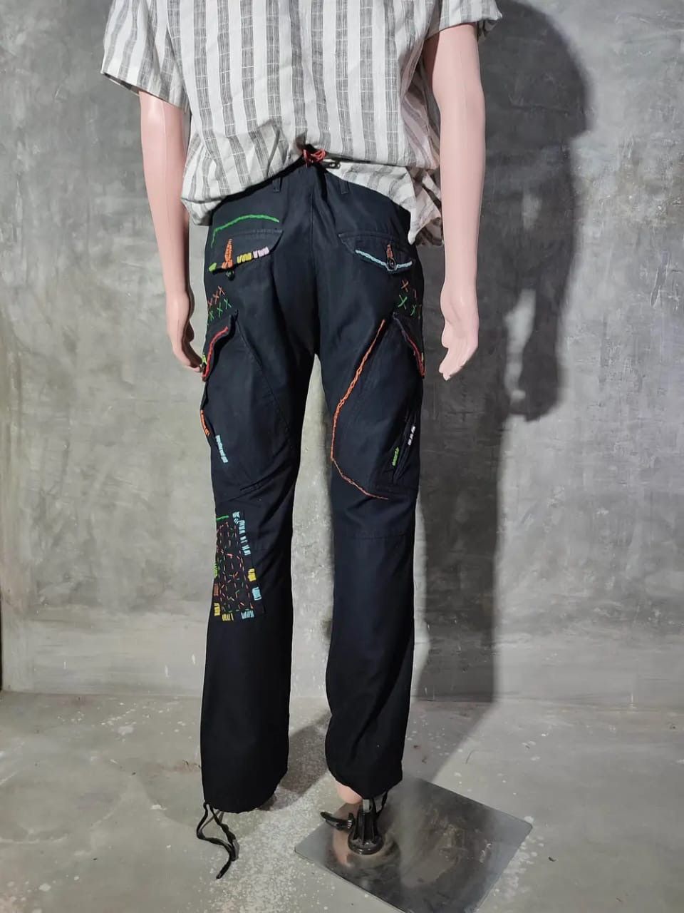 Japanese Brand Audience Black Cargo with Multicolour stitch Design Pants Size US 33 - 10 Thumbnail