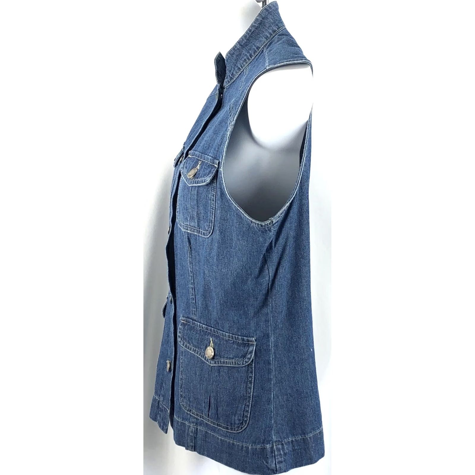 Denime Vintage Sleeveless Jean Vest Top S Button Denim Band Collar Pocket Retro 90s Y2K Size S / US 4 / IT 40 - 3 Thumbnail