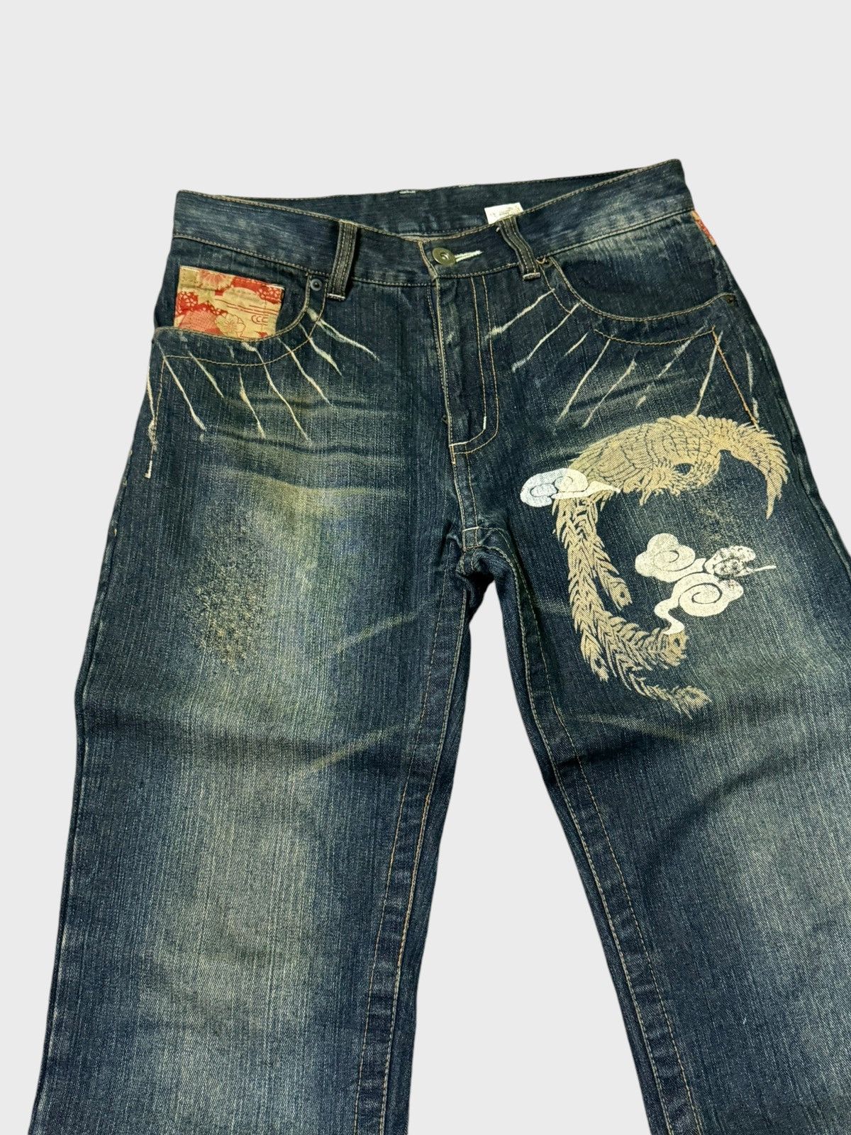 Japanese Brand × Vintage Vintage Japan Tattoo Koi Fish Acid Wash Floral Designs Jeans Size US 30 / EU 46 - 4 Thumbnail