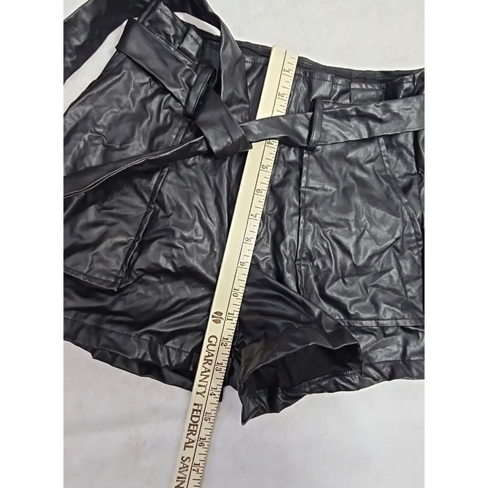 Shein SheIn Faux Leather Belted Shorts Black High Rise Size Small Slashed Pocket Paperbag Casual Women, 90s Theme Size 28" / US 6 / IT 42 - 7 Thumbnail